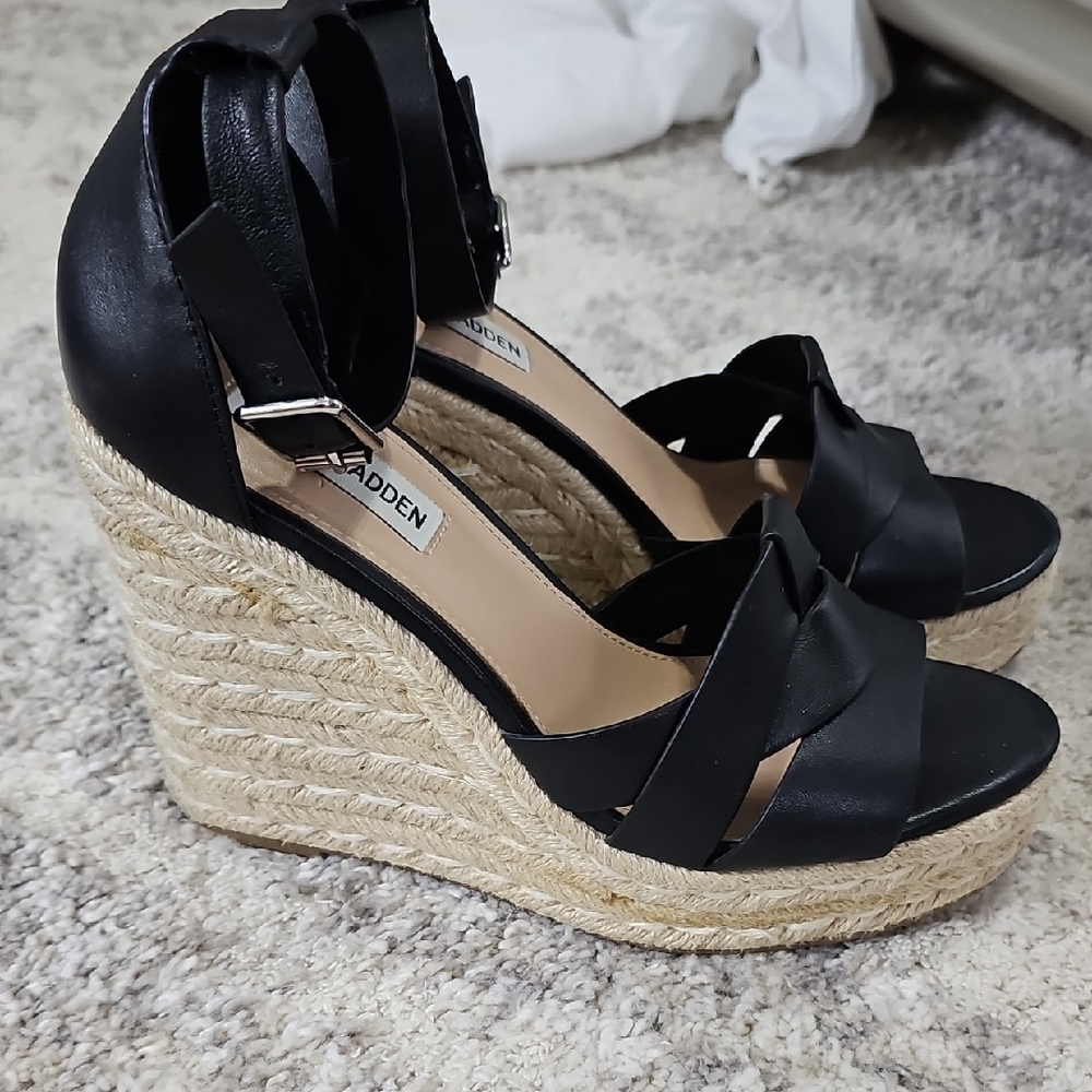 Steve Madden "Sivian" Espadrille Wedges with Ankle Strap, Size 7.5, Black - Picture 2 of 9